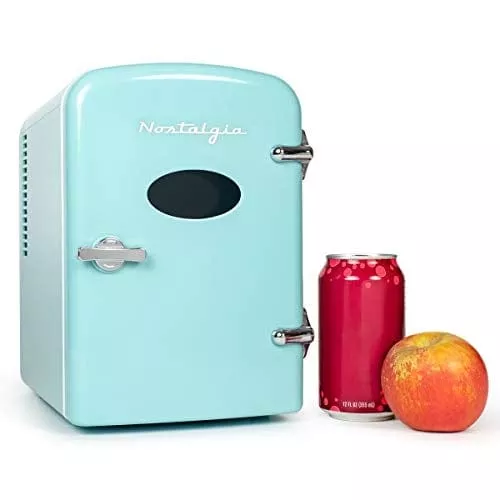 Nostalgia RF6RRAQ Retro 6-Can Personal Cooling and Heating Mini Refrigerator with Carry Handle for Home Office, Car, Boat or Dorm Room-Includes AC/DC Power Cords, Aqua