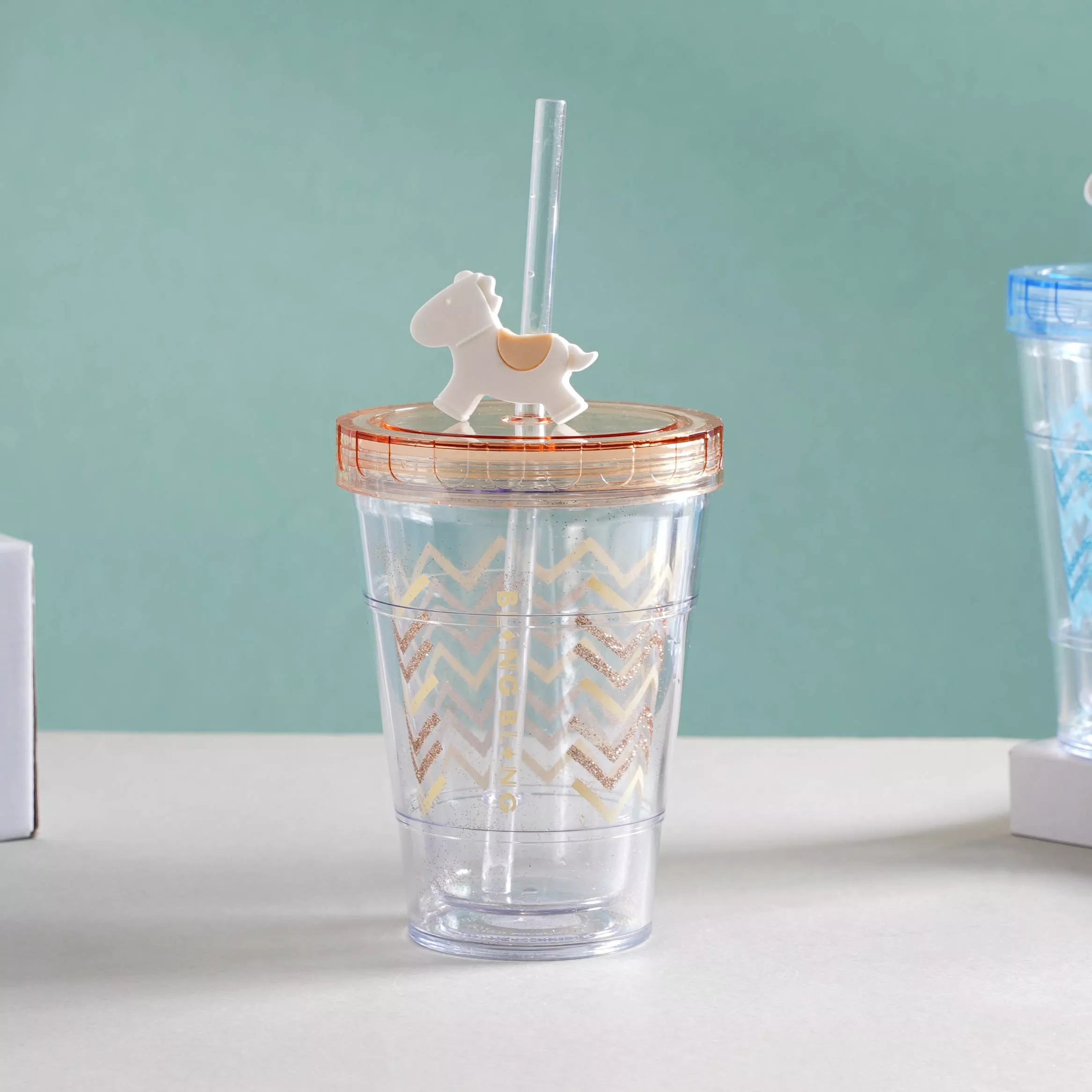 Patterned Cup and Straw|Blue&Beige&Green&Red