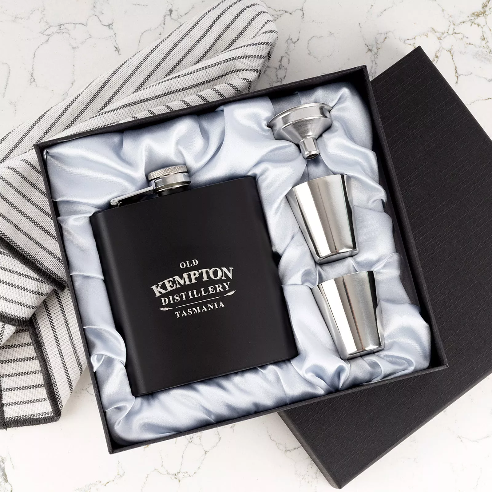 Personalised 6oz Black Hip Flask Corporate Gift Set