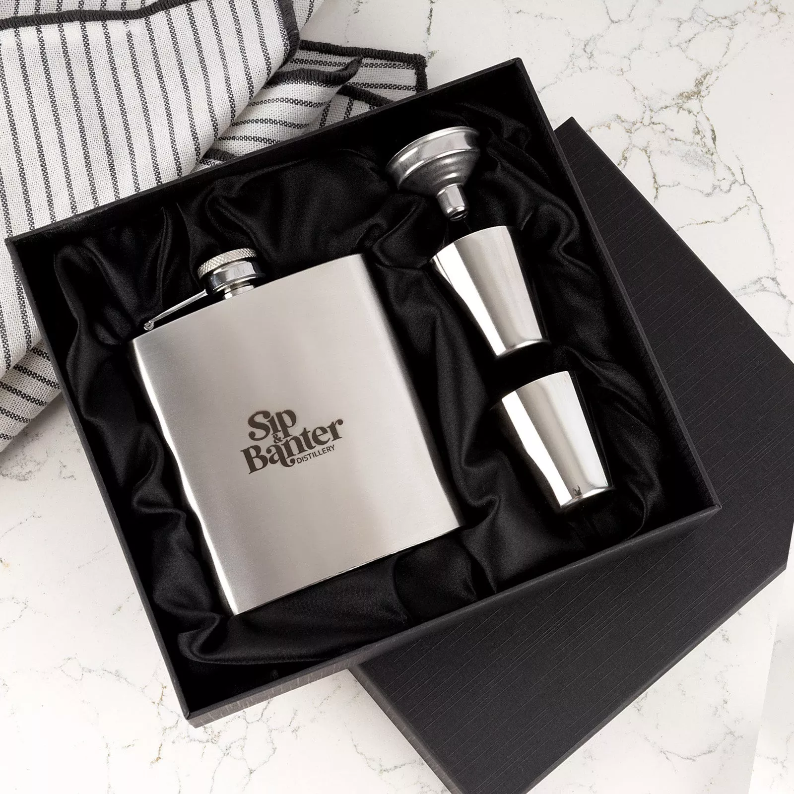 Personalised 6oz Silver Hip Flask Corporate Gift Set