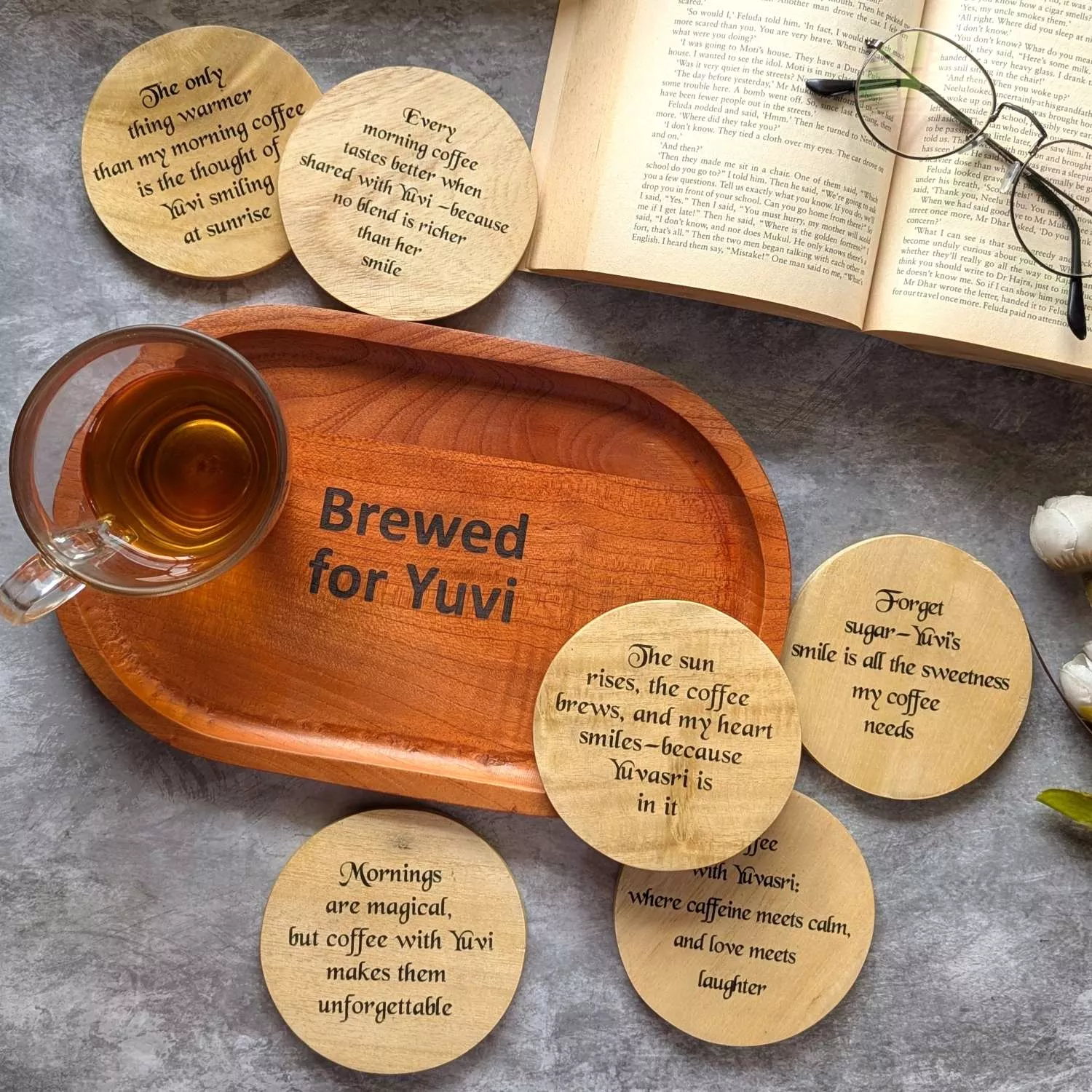 Personalized Coffee Tray & Coaster Set | Custom Engraved Wood Gift for Couples