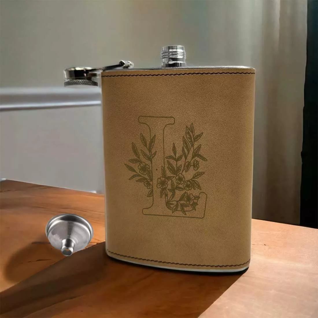 Personalized Faux Leather Hip Flask - 8oz - Leaf Monogram Initial