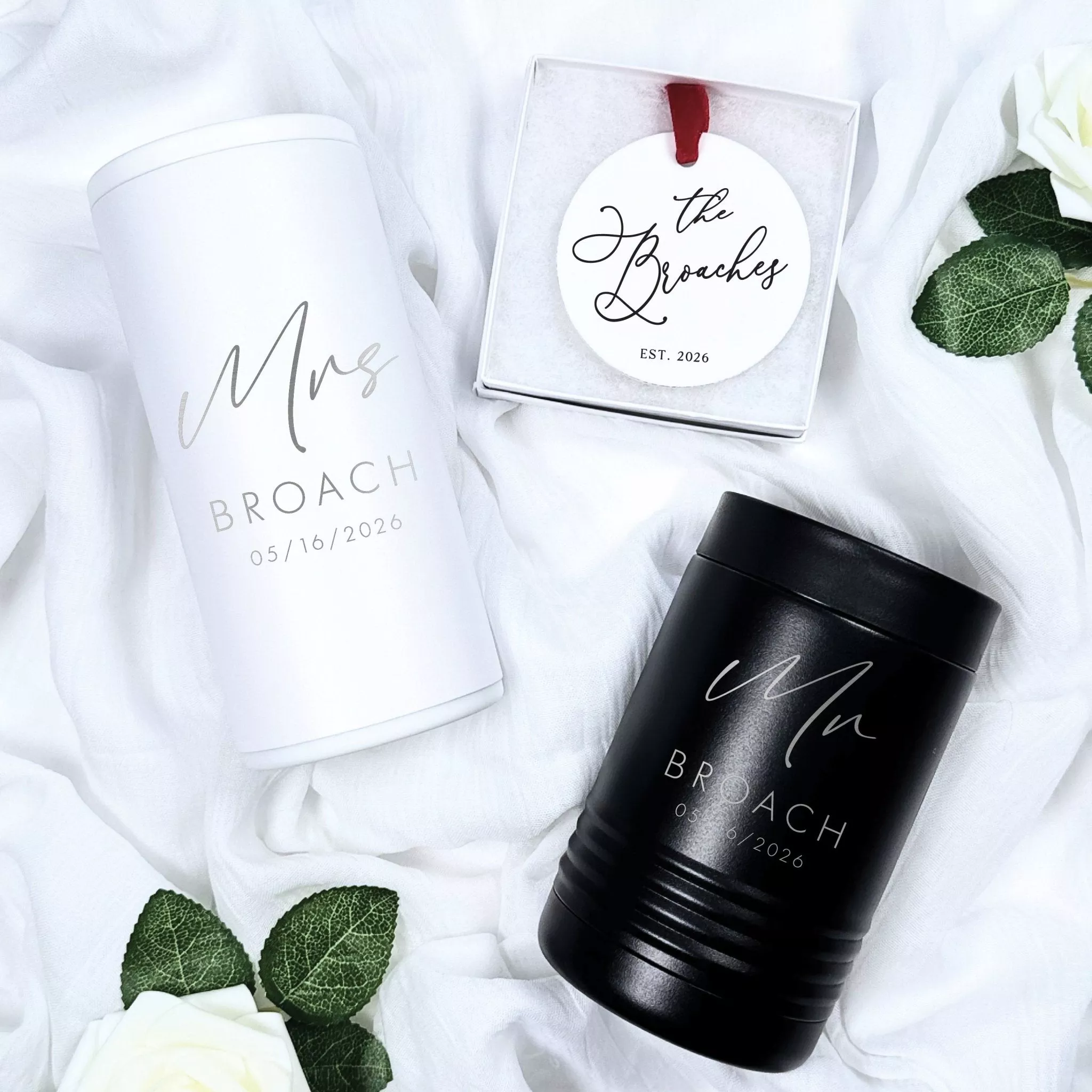 Personalized Married Gift Set Can Coolers & Ornament