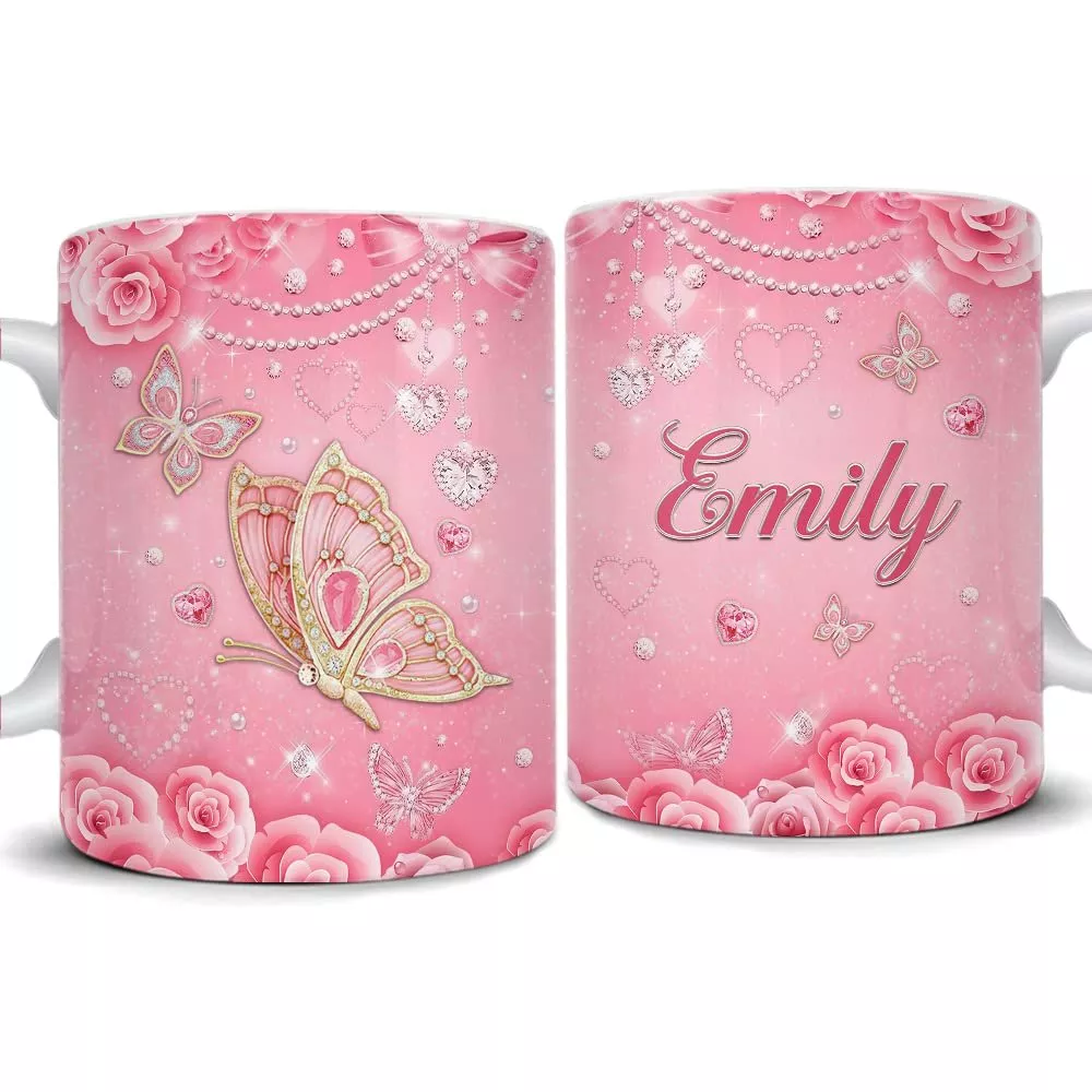 Personalized Pink Butterfly Rose Art Mug
