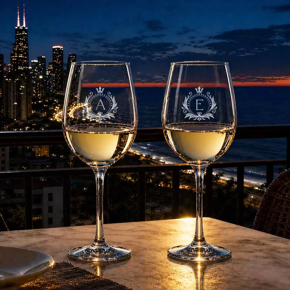 Personalized Wine Glasses for Couple Engraved with Monogram Design