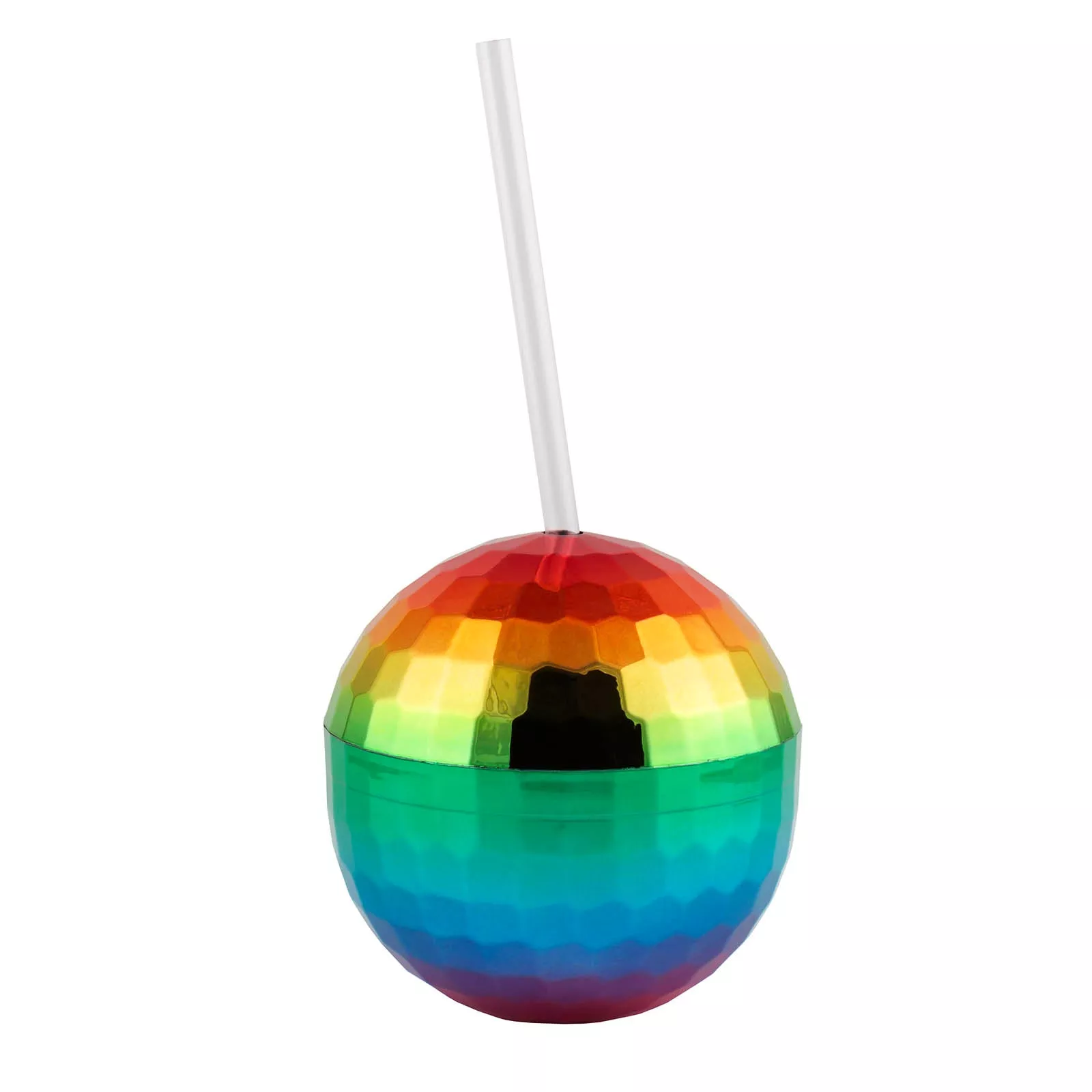 Plastic Rainbow Disco Ball Drinking Cup w/ Straw and Lid - 12 oz