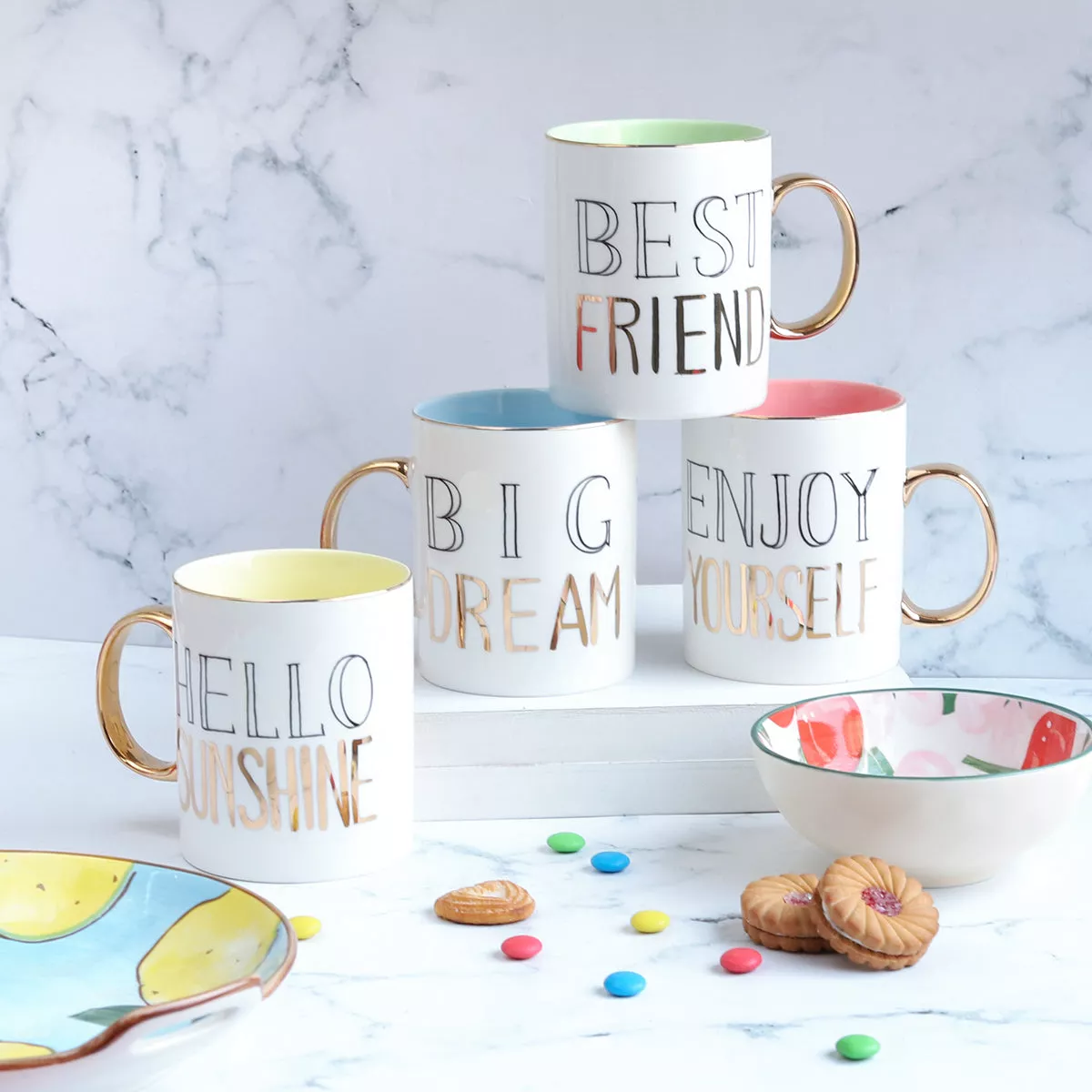 Printed Mug With Handle|Pink&Yellow&Green&Blue