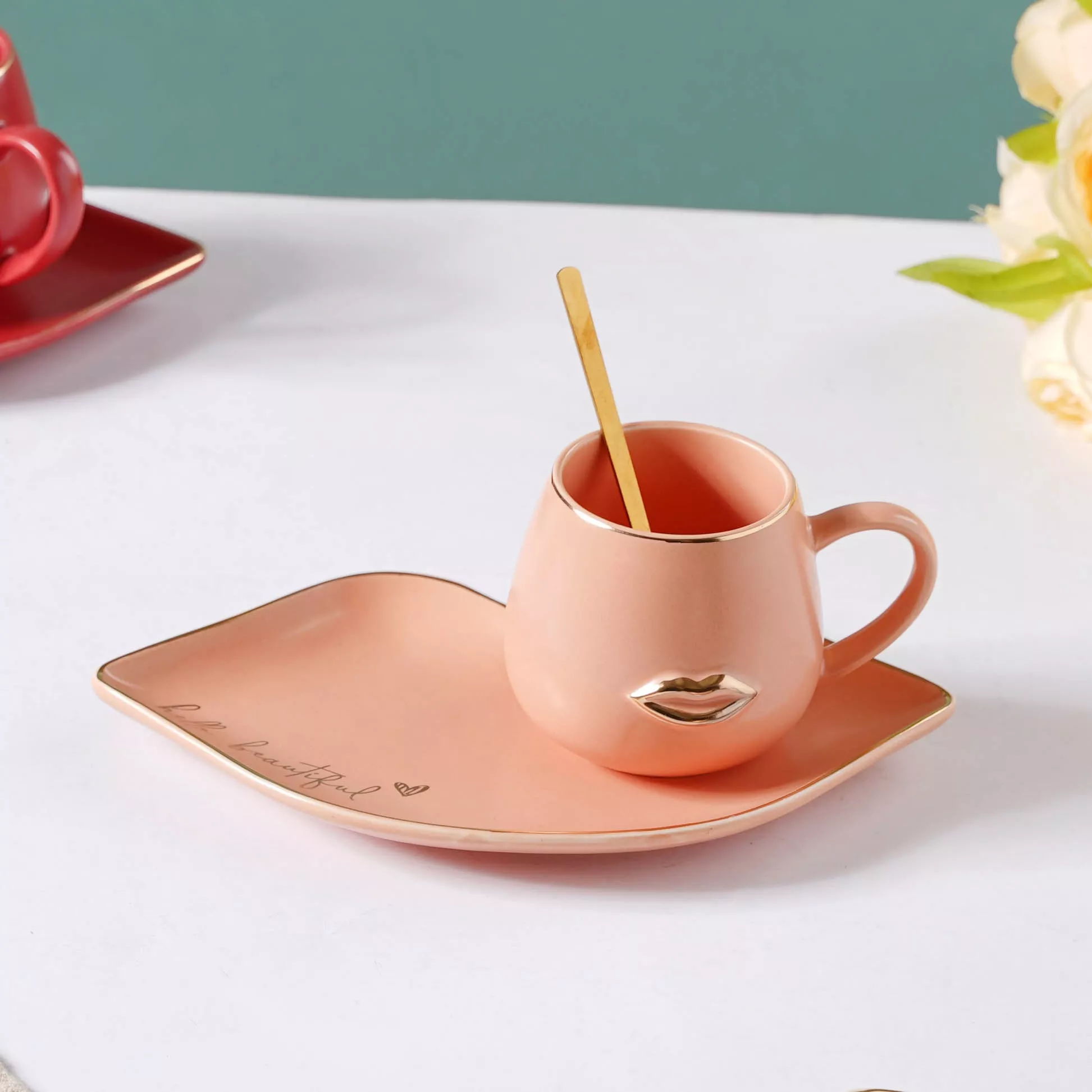 Quirky Cup and Plate Set|Off white&Red&Maroon&Pink