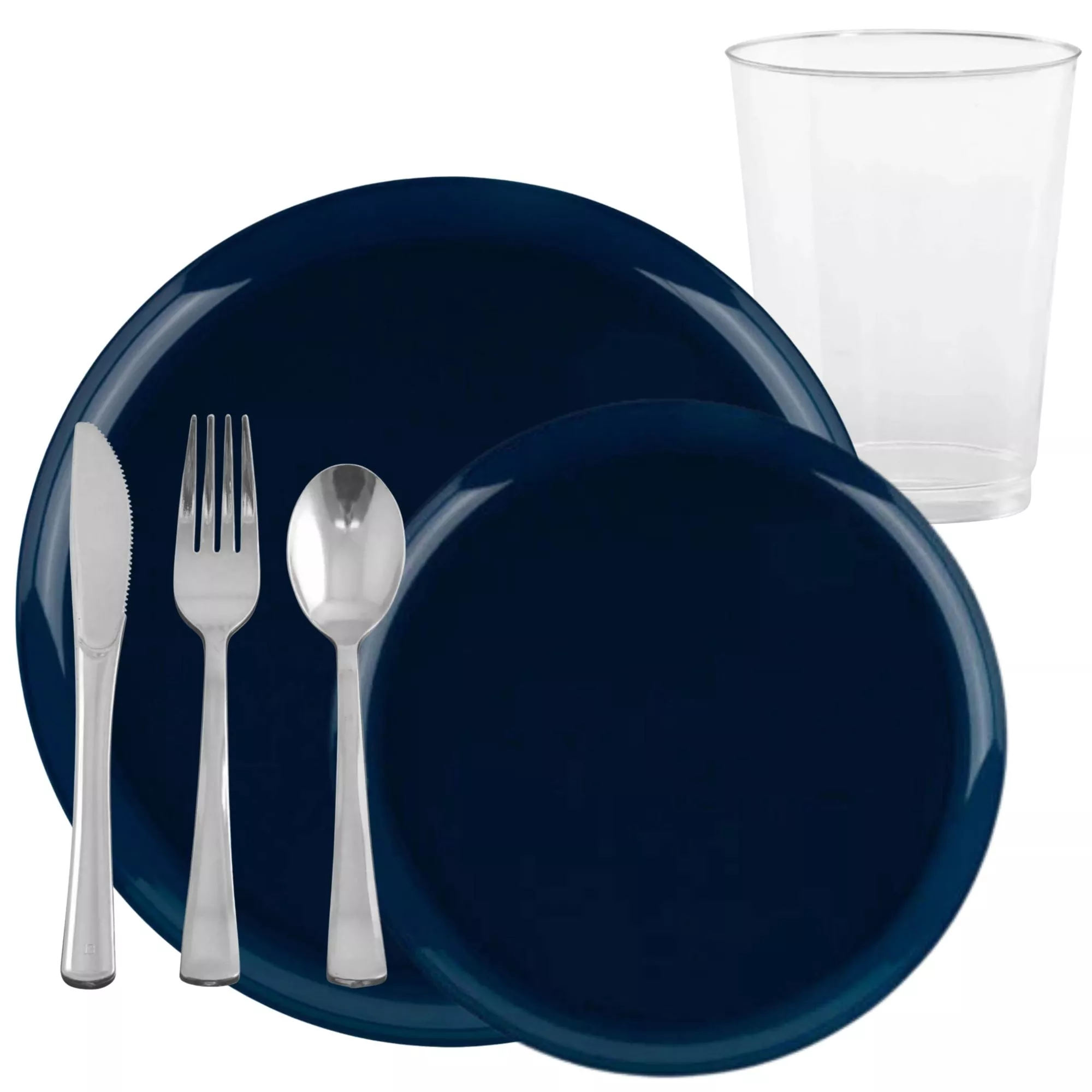 Round Dark Blue Disposable Plastic Dinnerware Set Value Pack-Edge