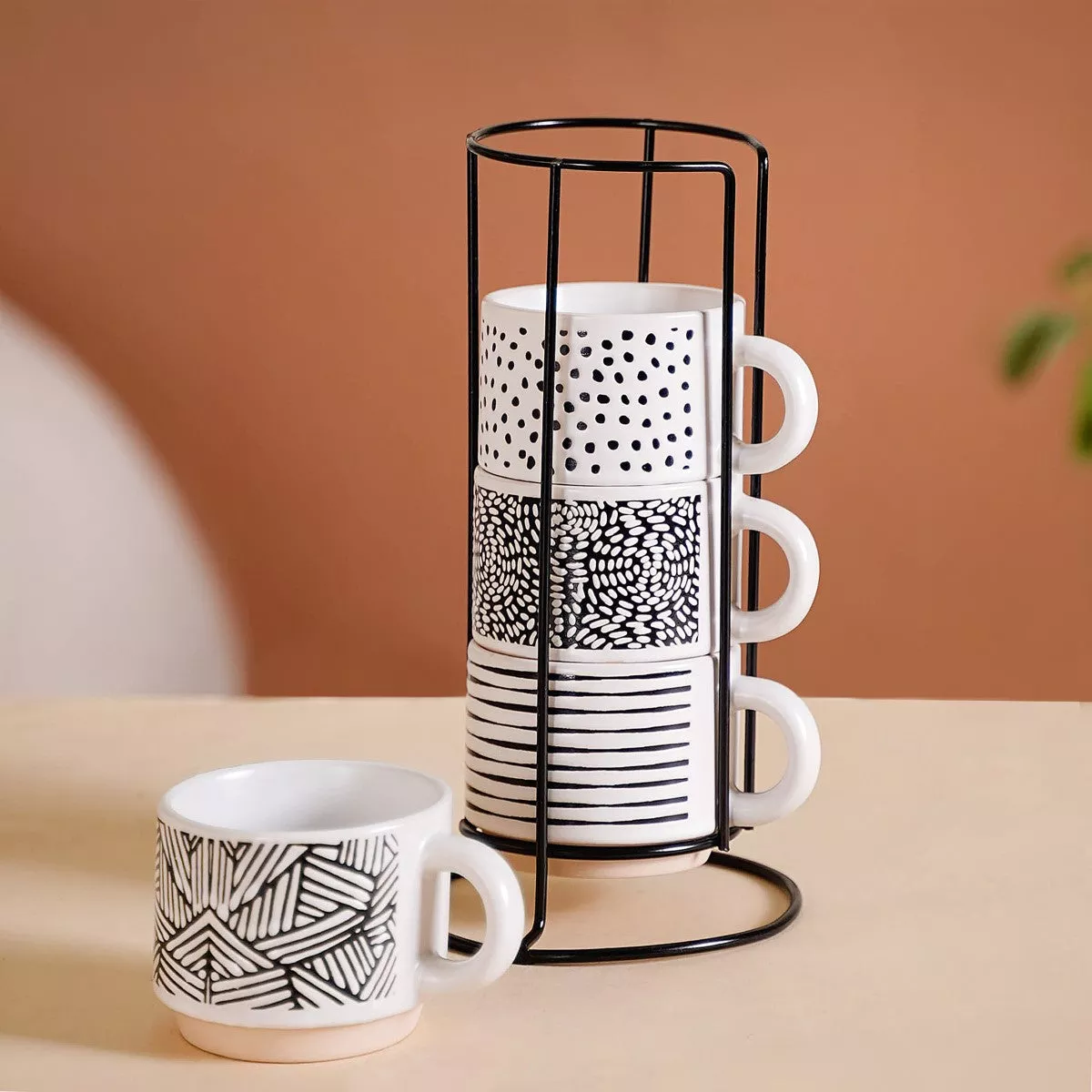 Set Of 4 Stackable Ceramic Cups With Stand Black White 180ml