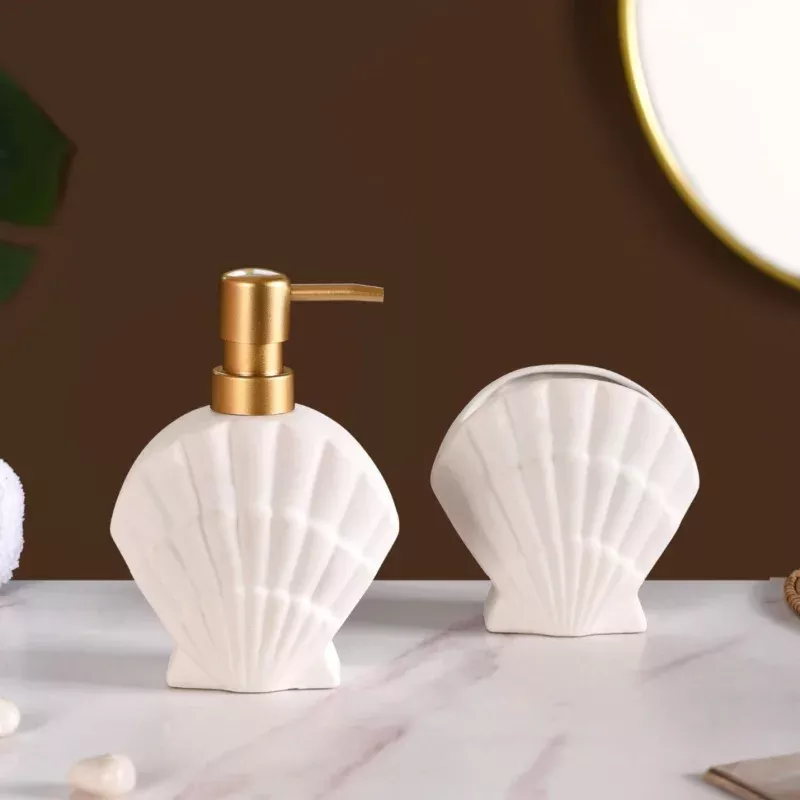 Shell Shaped Ceramic Bathroom Set Of 2 White
