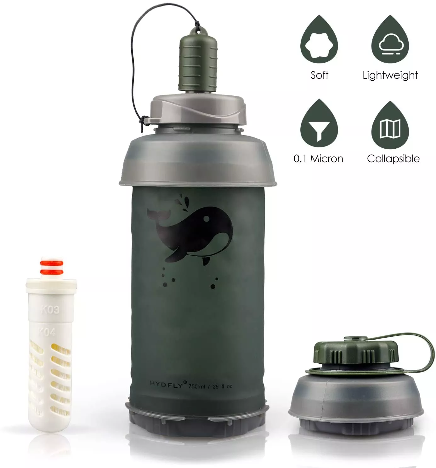 SimPure Small Collapsible Water Bottle With Carbon Filter For Hiking Camping | Flexible Filtering Filtration System