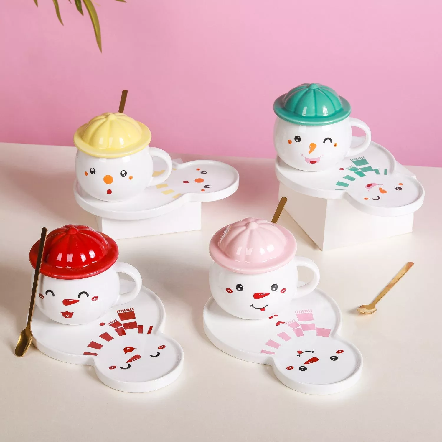 Snowman Plate And Cup Set|Pink&Red&Green&Yellow