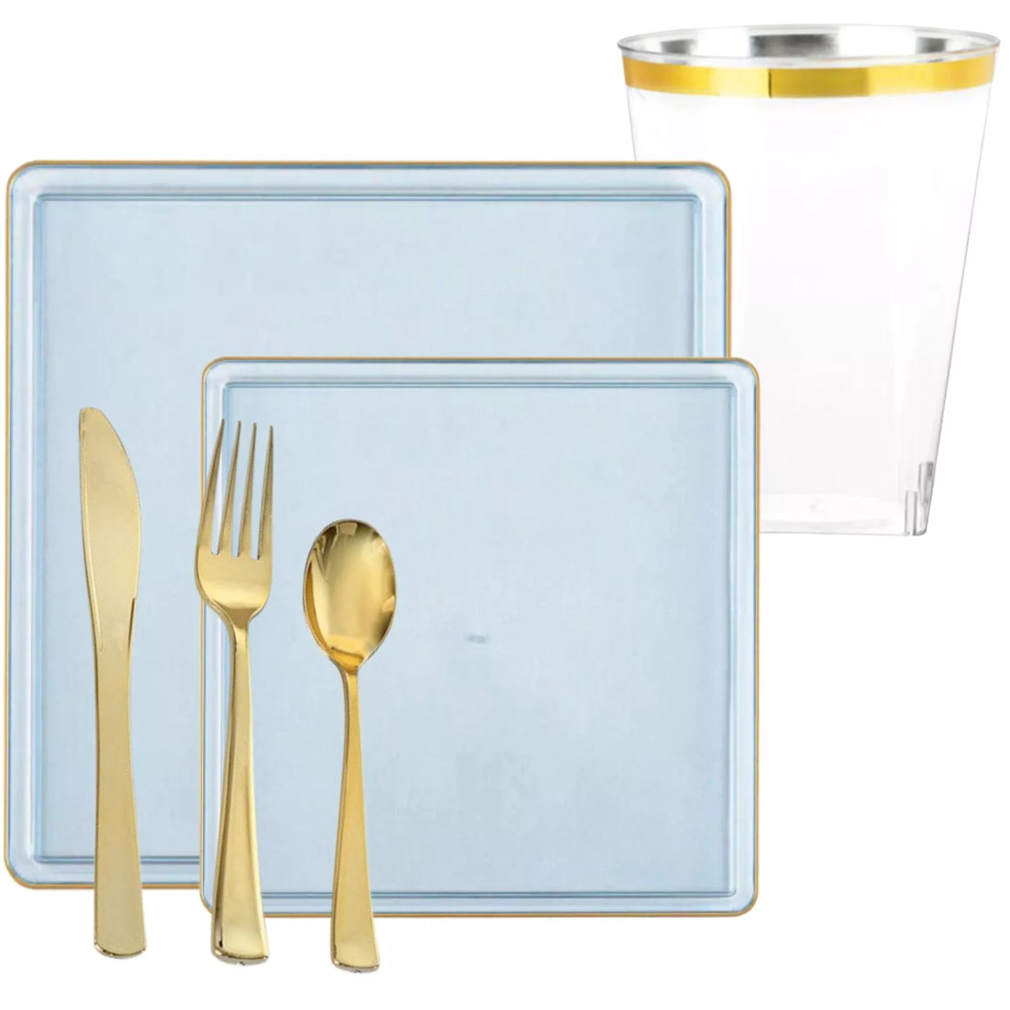 Square Blue & Gold Rim Plastic Dinnerware Set Value Pack-Edge
