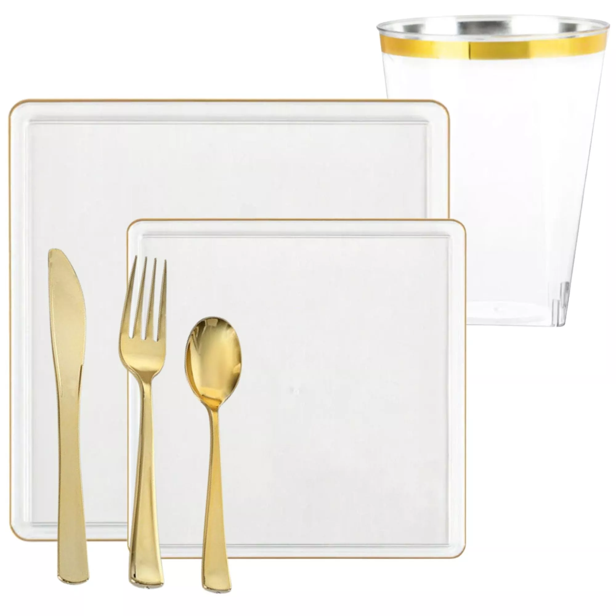 Square Clear & Gold Rim Plastic Dinnerware Set Value Pack-Edge