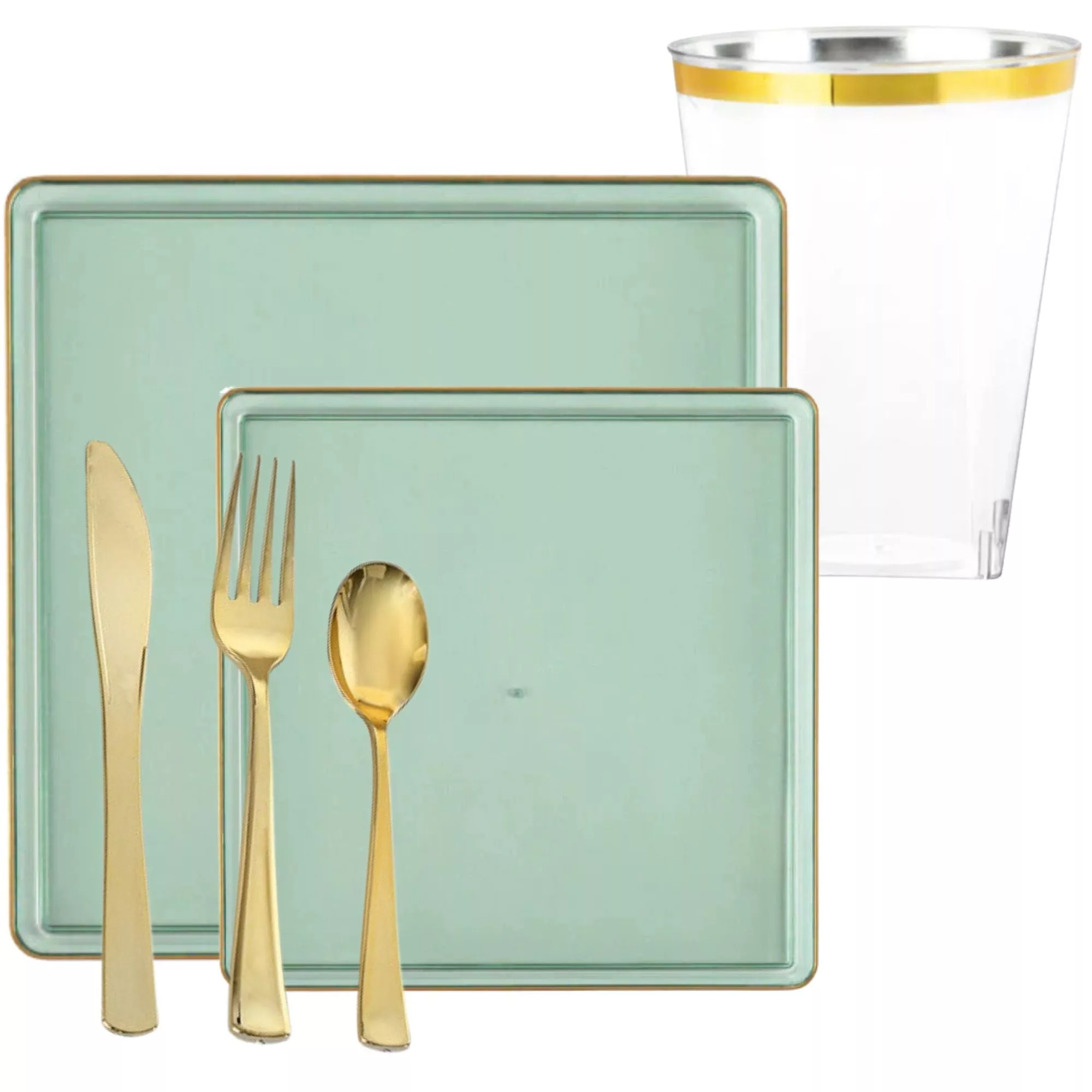 Square Green & Gold Rim Plastic Dinnerware Set Value Pack-Edge