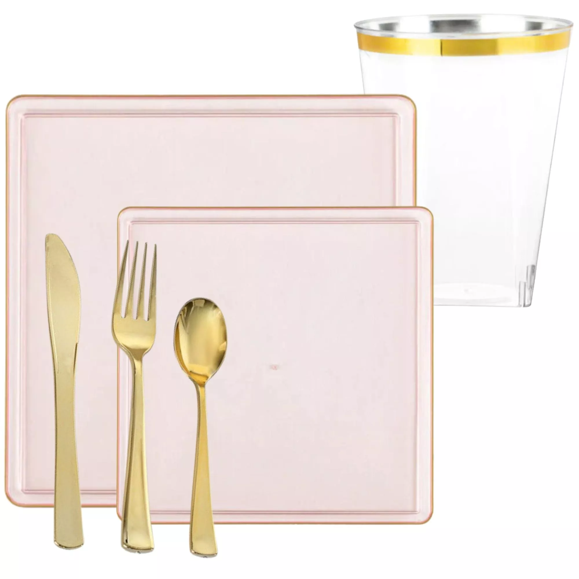 Square Pink & Gold Rim Plastic Dinnerware Set Value Pack-Edge