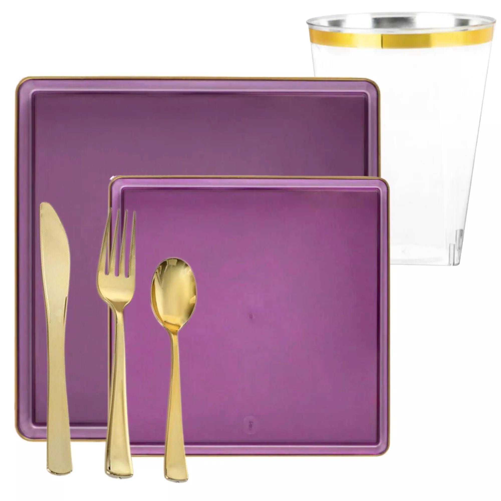 Square Purple & Gold Rim Plastic Dinnerware Set Value Pack-Edge