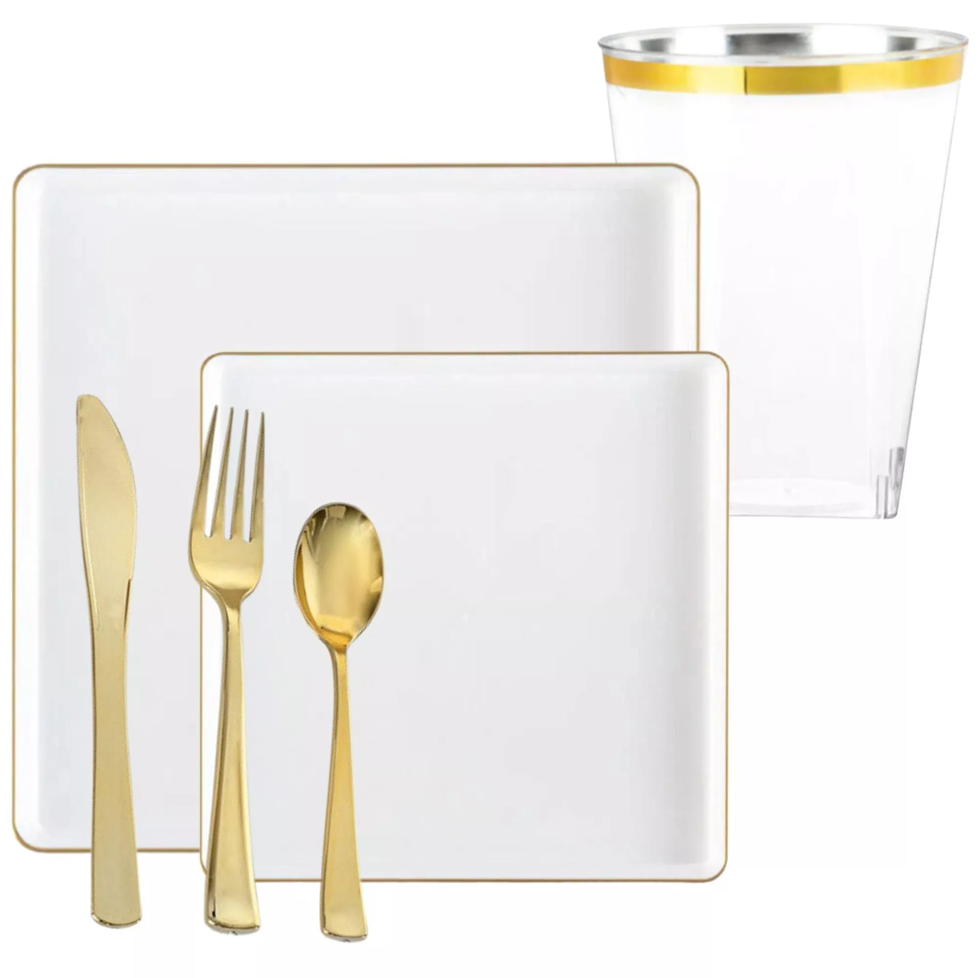 Square White & Gold Rim Plastic Dinnerware Set Value Pack-Edge