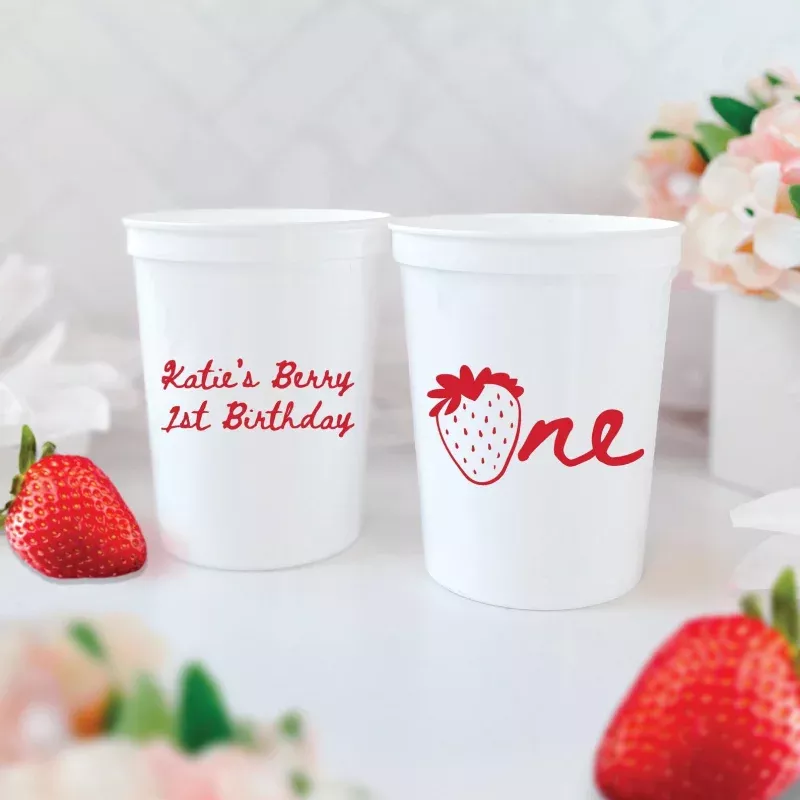 Strawberry First Birthday Cups Custom Personalized Party Cups