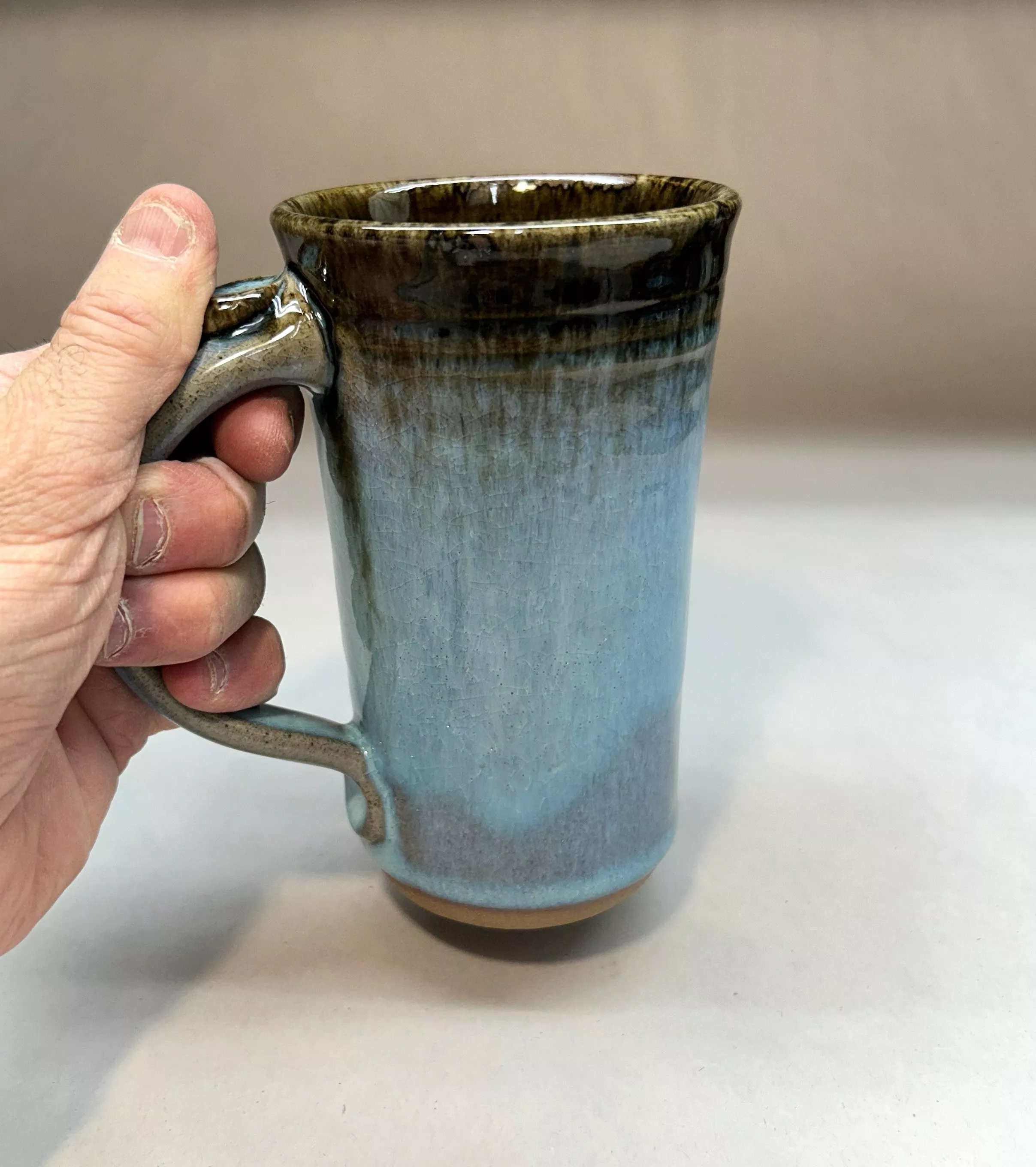 Tall Handmade Pottery Mug Blue Green Ash Glaze