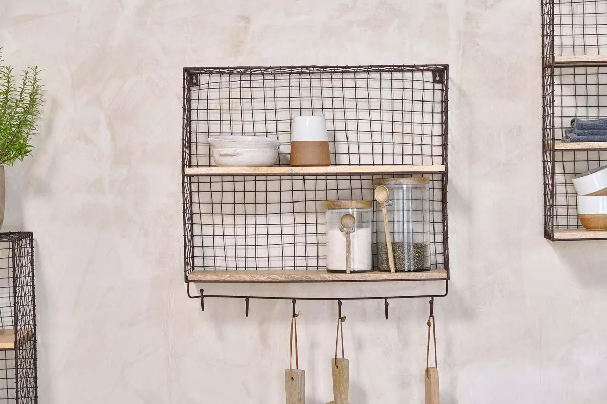 Tamba Shelf with Hooks|One Size|Rust & Mango Wood