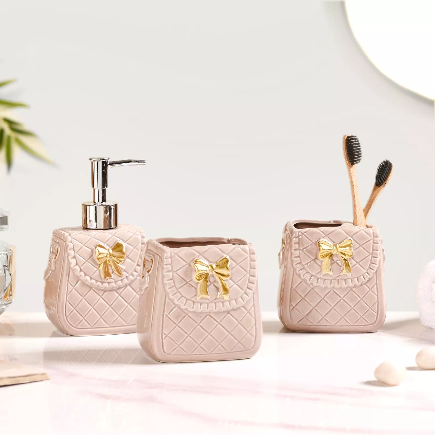 Taupe Gold Bow Accented Bath Accessories Set Of 3