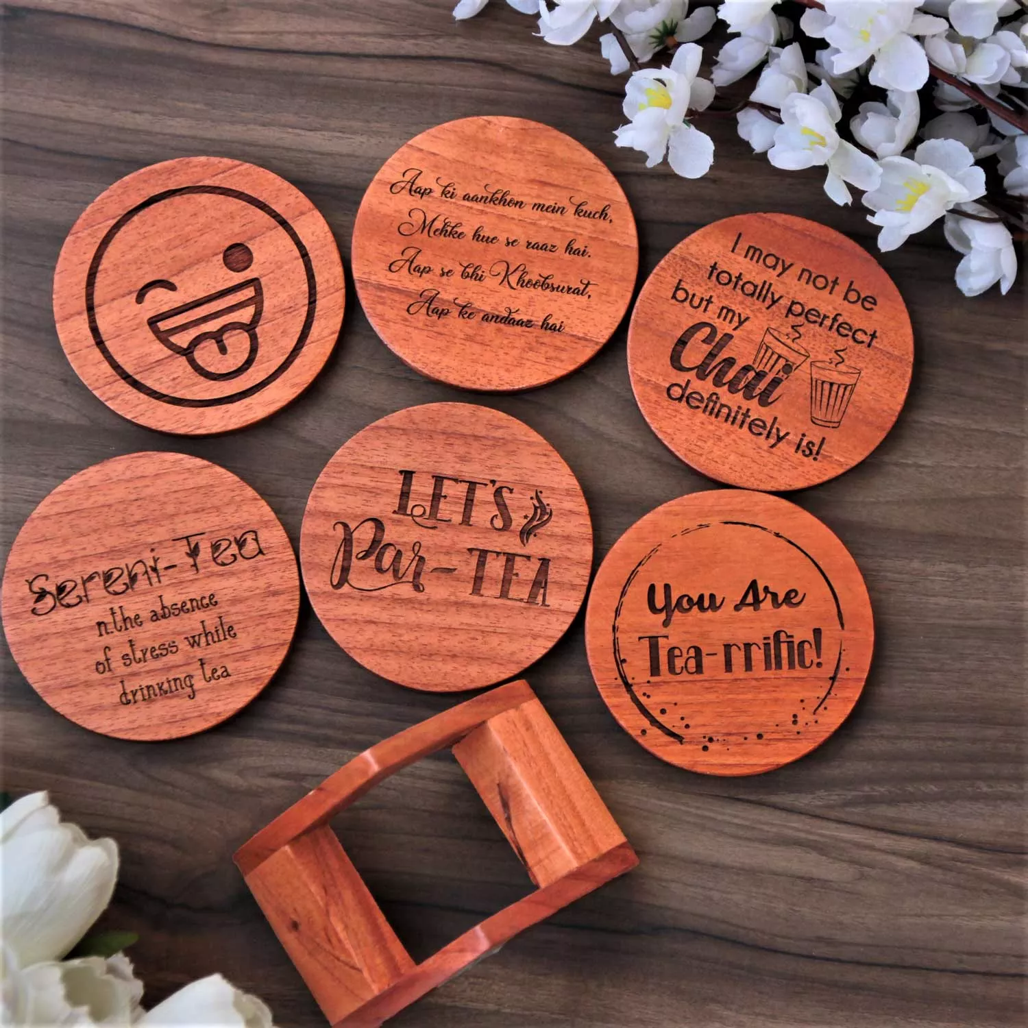 Tea Coasters - Wooden Coaster Set With Holder