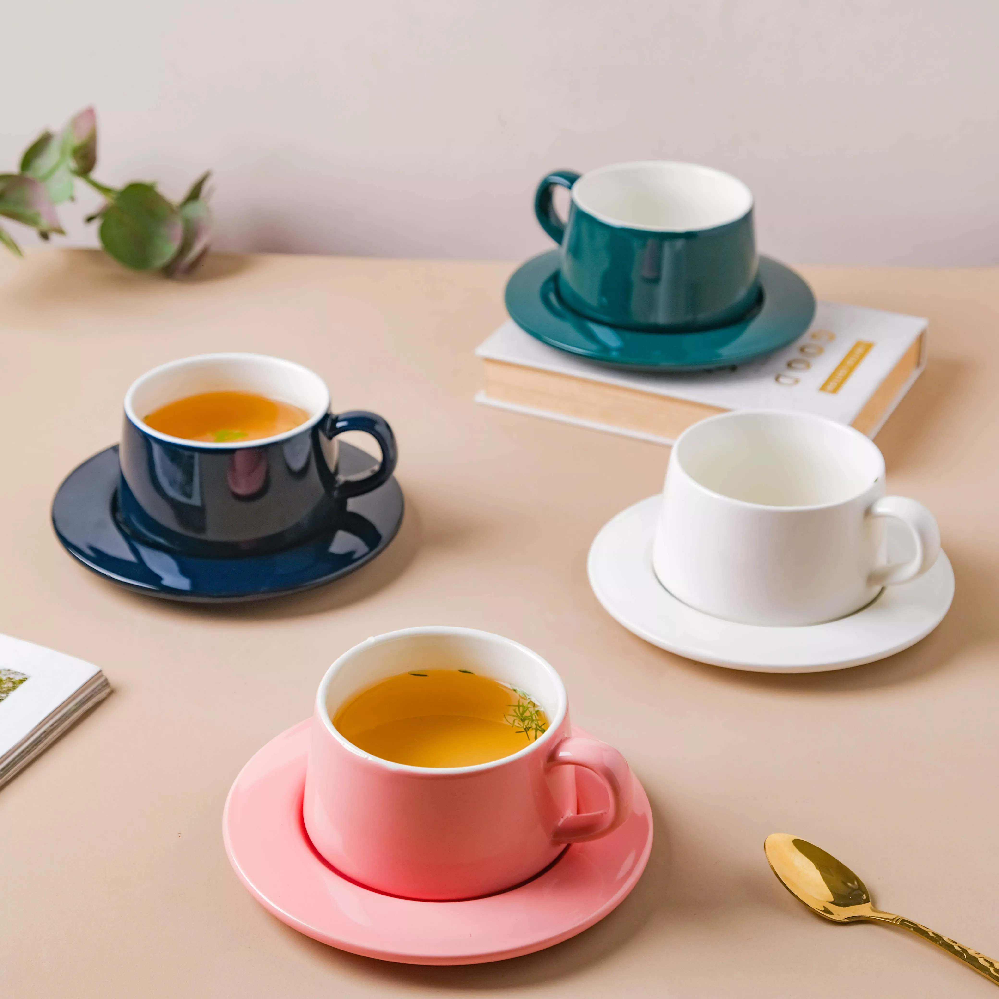 Teacup and Saucer Set|White&Blue&Green&Pink