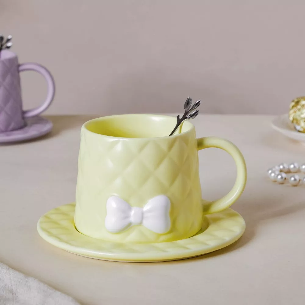 Textured Bow Cup With Plate|Yellow&Green&Purple&Pink