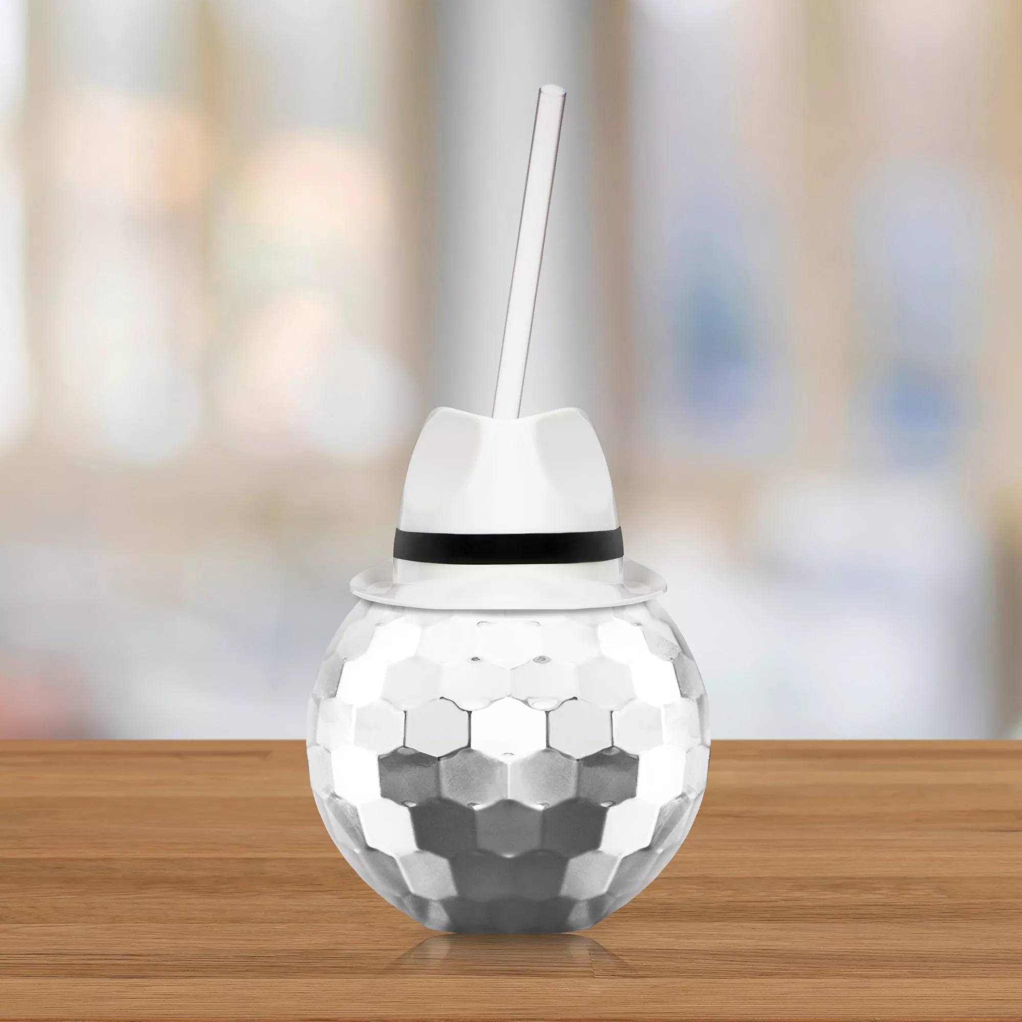 White Fedora Hat Silver Disco Ball Cup with Straw