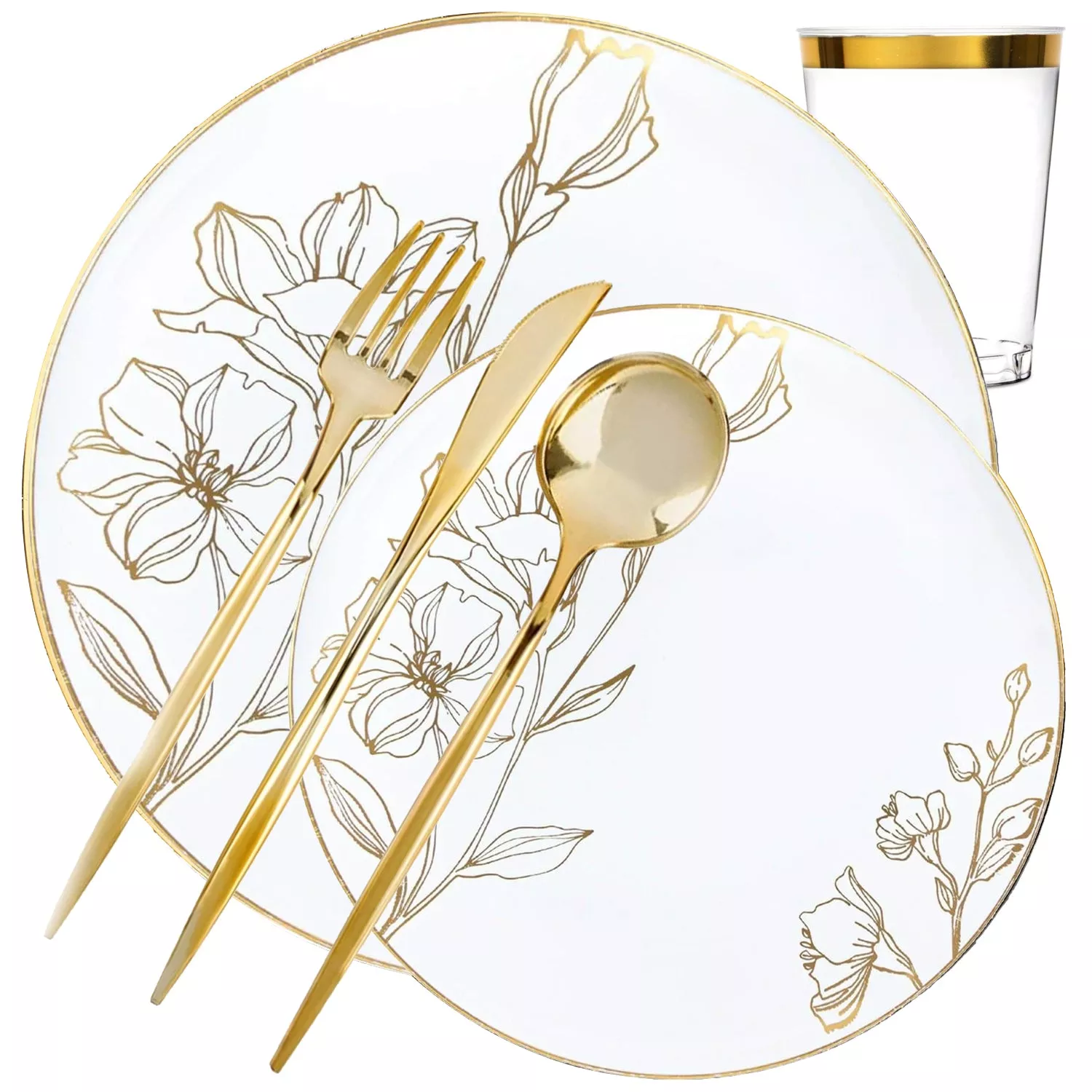 White & Gold Floral Plastic Dinnerware Set- Value Pack-Antique