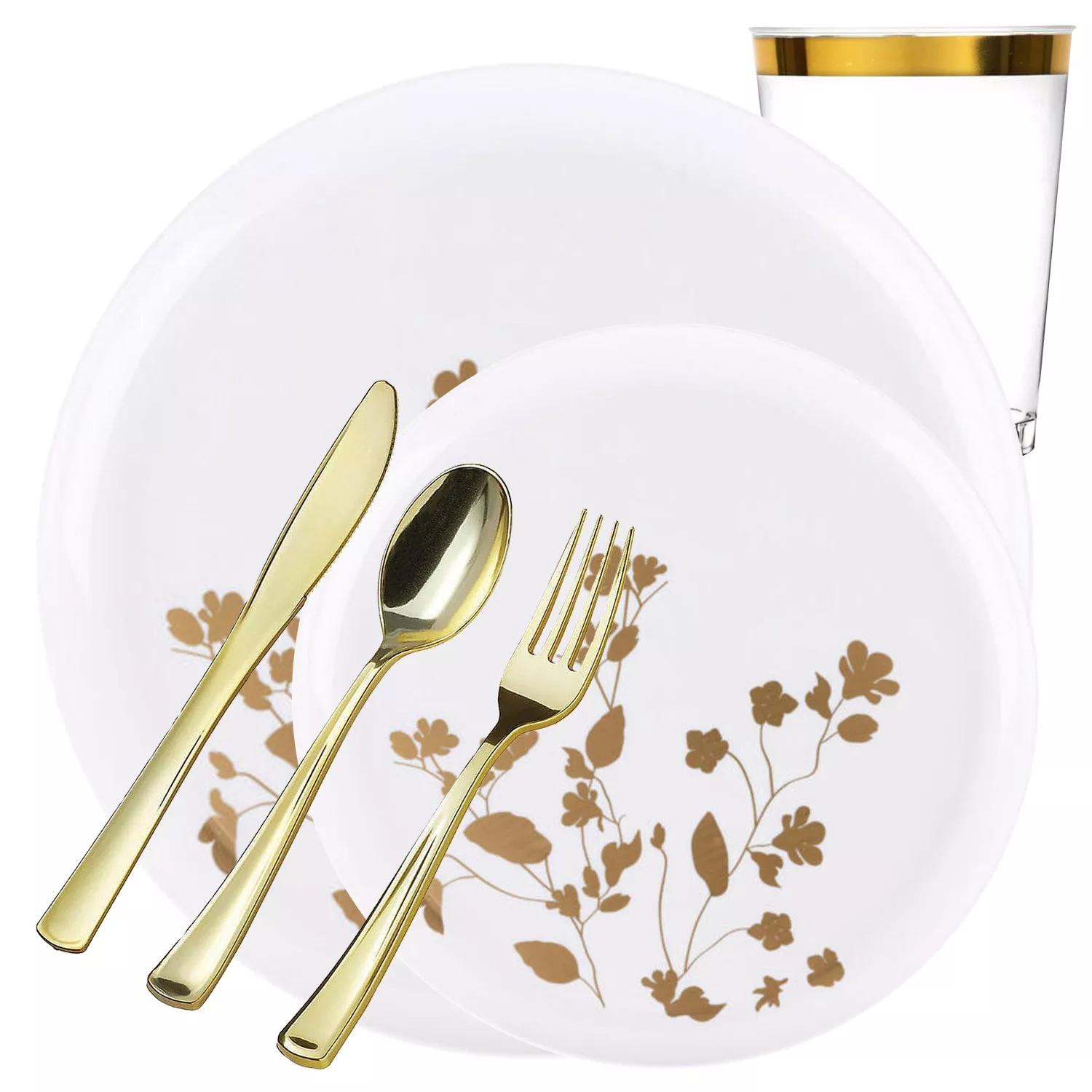 White & Gold Round Plastic Dinnerware Set- Value Pack-Garden