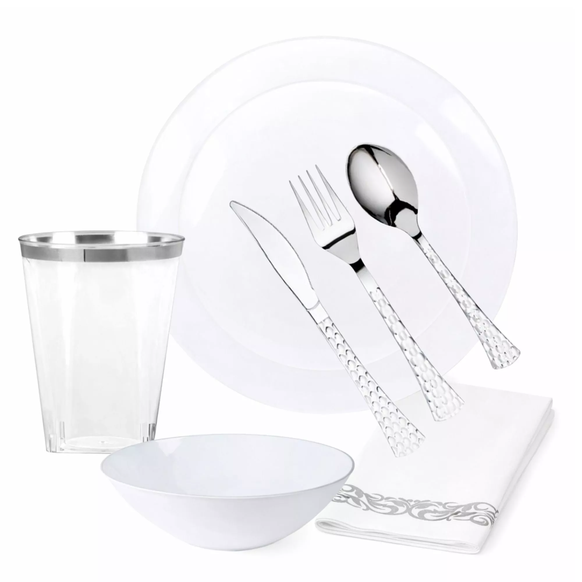 White Plastic Dinnerware Set- Elegant Party Pack-Organic