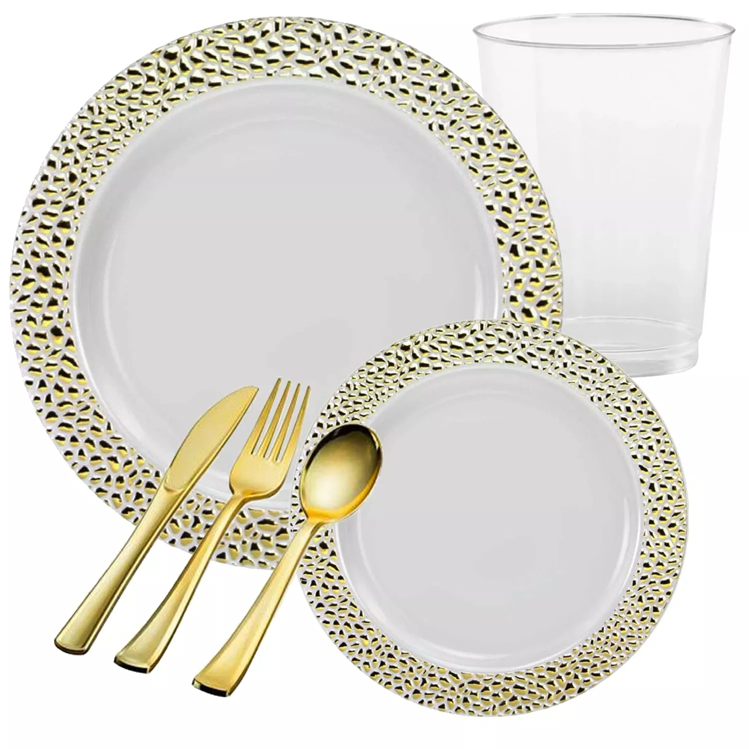 White with Gold Plastic Dinnerware Set- Value Pack- Hammered
