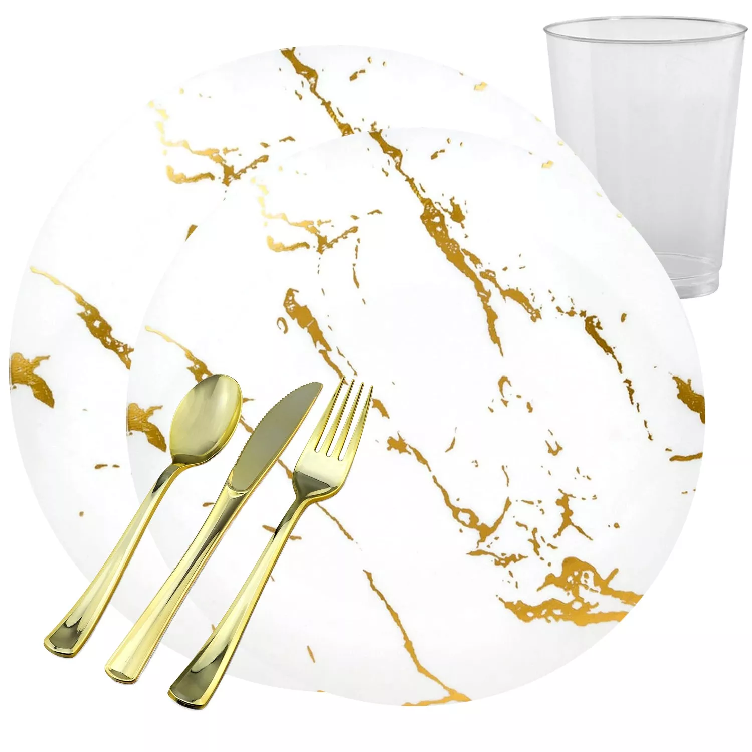 White with Gold Plastic Dinnerware Set- Value Pack-Stroke