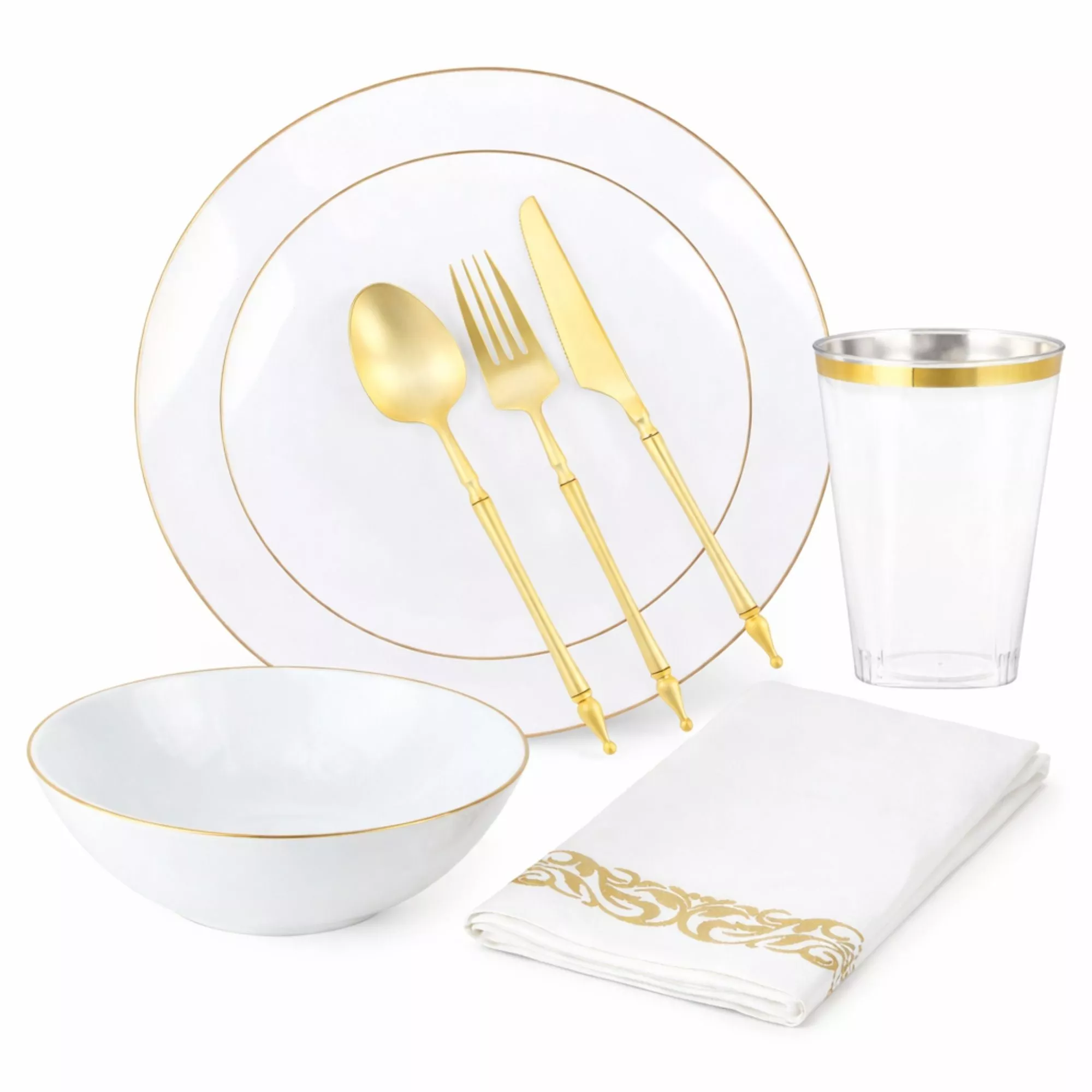 White With Gold Rim Plastic Dinnerware Set- Elegant Party Pack-Organic
