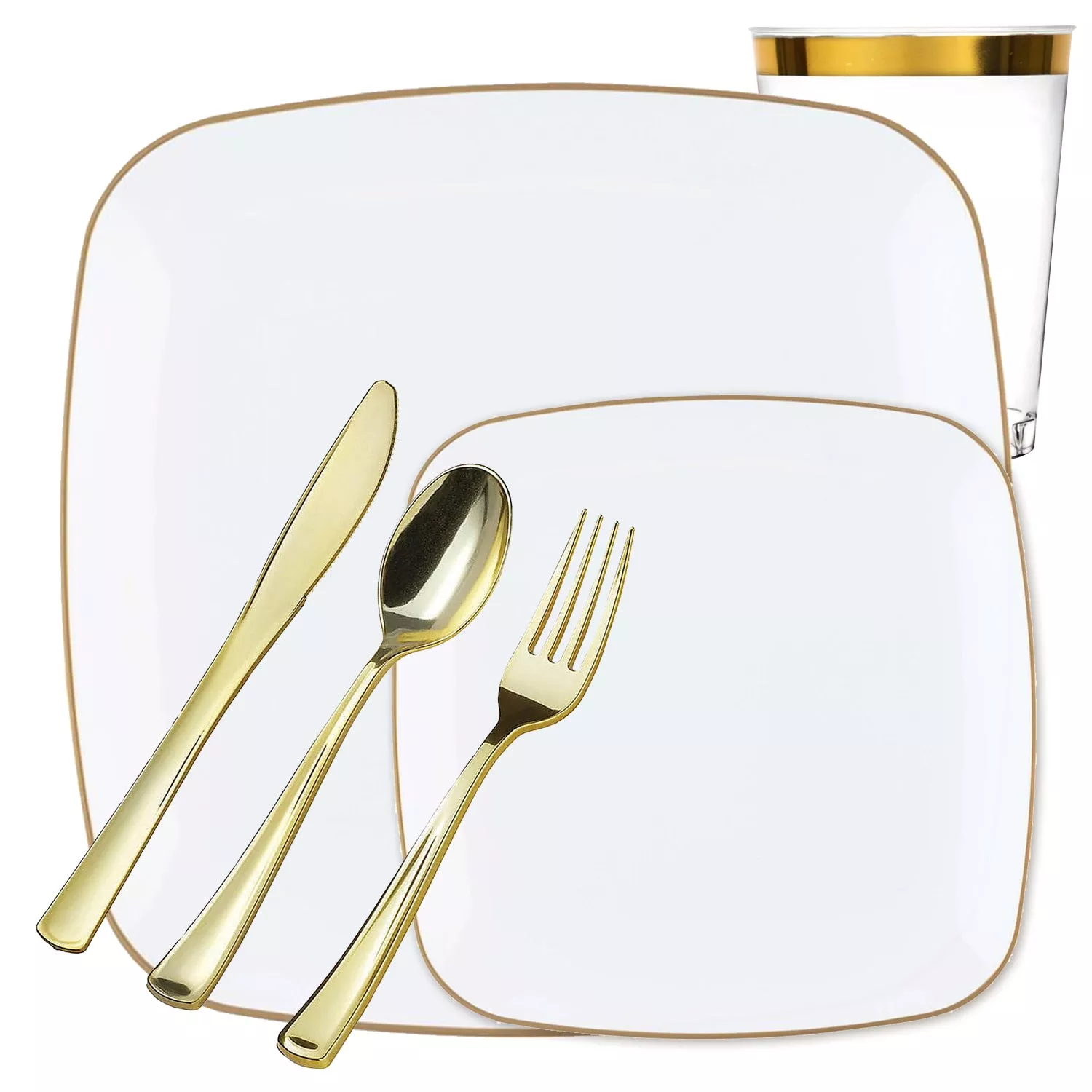 White with Gold Rim Plastic Dinnerware Set- Value Pack-Orchid