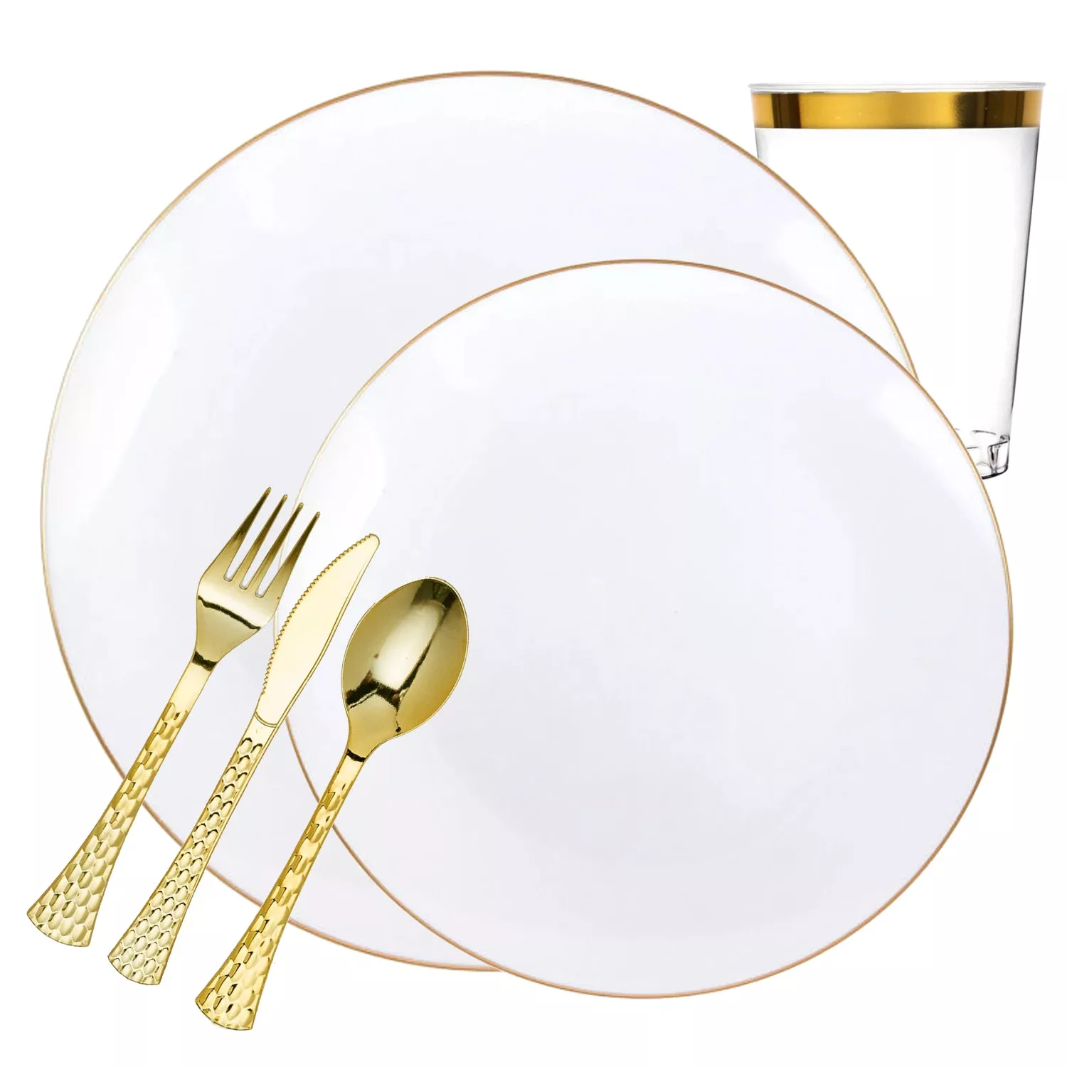 White With Gold Rim Plastic Dinnerware Set- Value Pack-Organic