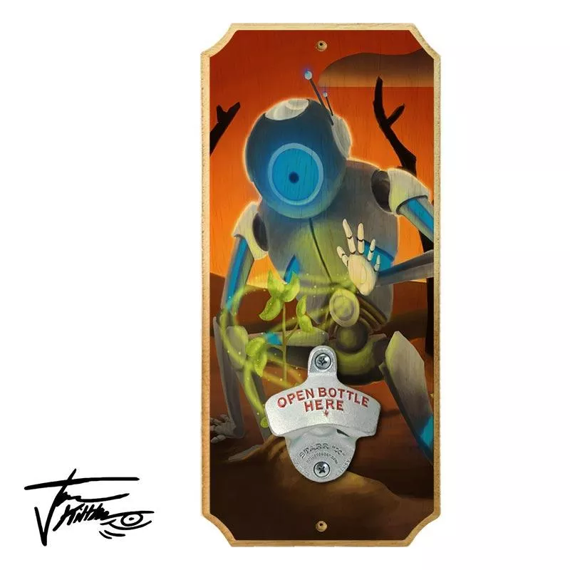 Wood Plaque Wall Mounted Bottle Opener - A Robot Grows