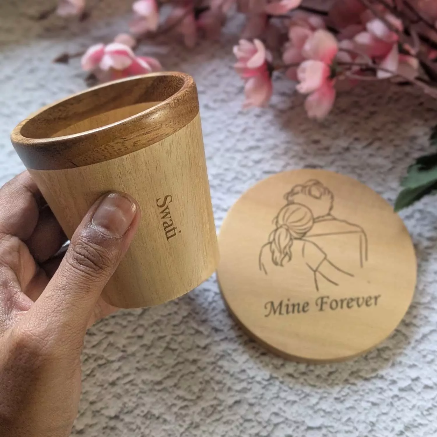 Wooden Tea Cups & Coasters With Name Engraved | Personalized Gift Set